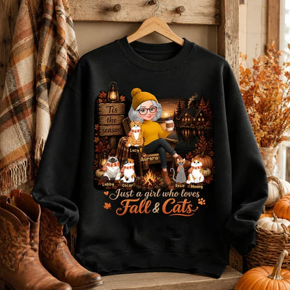 Personalized Classic Tee, Woman With Cats in Cozy Fall Cabin Scene, Unique Gift for Cat Moms