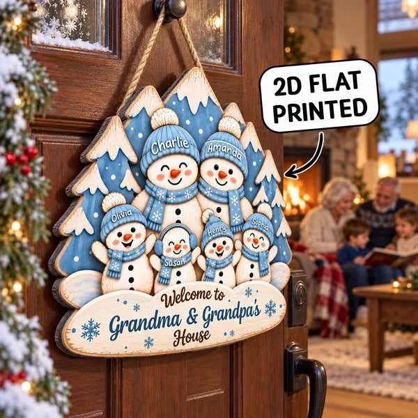 Personalized Wooden Sign, Waving Snowman Family in Blue Winter Forest, Unique Christmas Gift for Grandparents