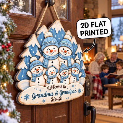Personalized Wooden Sign, Waving Snowman Family in Blue Winter Forest, Unique Christmas Gift for Grandparents