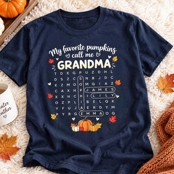 Personalized Classic Tee, Pumpkin Word Search Design, Unique Fall Gift for Grandma