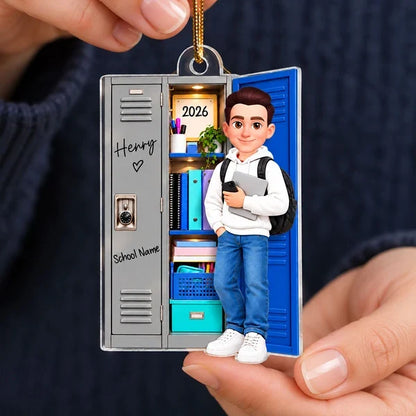 Personalized Acrylic Ornament, Cartoon Student Standing by a School Locker, Unique Christmas Gift for Teens