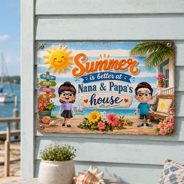 Personalized Rectangular Iron Sign, Summer at Grandparents' House Beach Porch Decor, Unique Gift for Nana & Papa