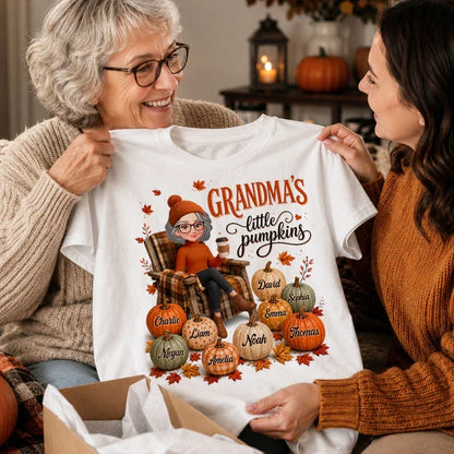 Personalized Grandma Sweatshirt, Seated Grandma with Coffee & Pumpkins, Unique Fall Gift