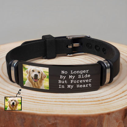 Pet Photo Memorial Silicone Bracelet, Black Wristband with 'Forever In My Heart' Message, Unique Gift for Dog Lovers