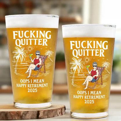Personalized Beer Glass with Beach Lounger Character, Funny Retirement Gift Idea for Coworker or Boss