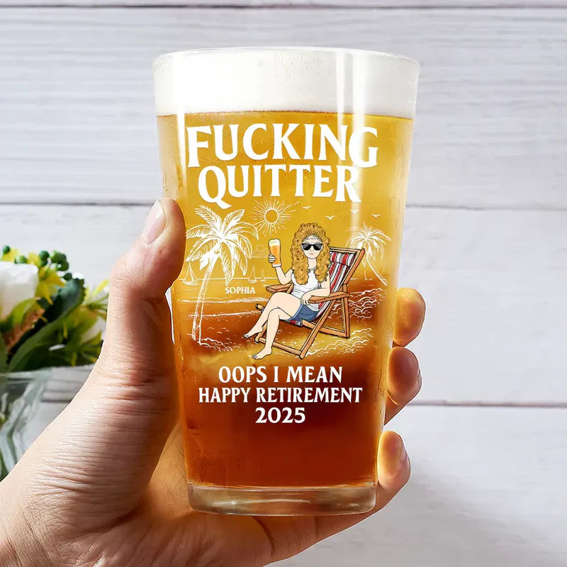 Personalized Beer Glass with Beach Lounger Character, Funny Retirement Gift Idea for Coworker or Boss