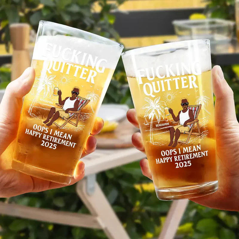 Personalized Beer Glass with Beach Lounger Character, Funny Retirement Gift Idea for Coworker or Boss