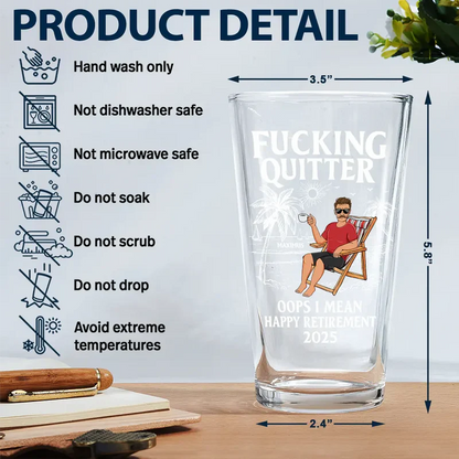 Personalized Beer Glass with Beach Lounger Character, Funny Retirement Gift Idea for Coworker or Boss