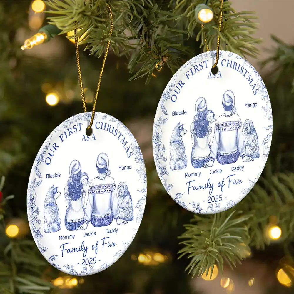 Christmas,Family,Dog Lovers,Cat Lovers,Pet Lovers,Parents,Happy,New Dad,New baby,New Mom - First Christmas As A Family Of Three New Parents Toile - Personalized Circle Ceramic Ornament