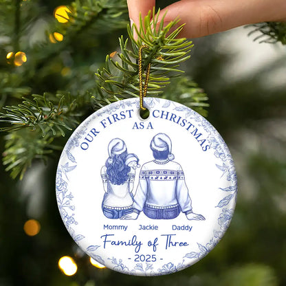Christmas,Family,Dog Lovers,Cat Lovers,Pet Lovers,Parents,Happy,New Dad,New baby,New Mom - First Christmas As A Family Of Three New Parents Toile - Personalized Circle Ceramic Ornament