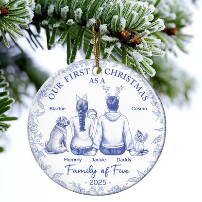Christmas,Family,Dog Lovers,Cat Lovers,Pet Lovers,Parents,Happy,New Dad,New baby,New Mom - First Christmas As A Family Of Three New Parents Toile - Personalized Circle Ceramic Ornament