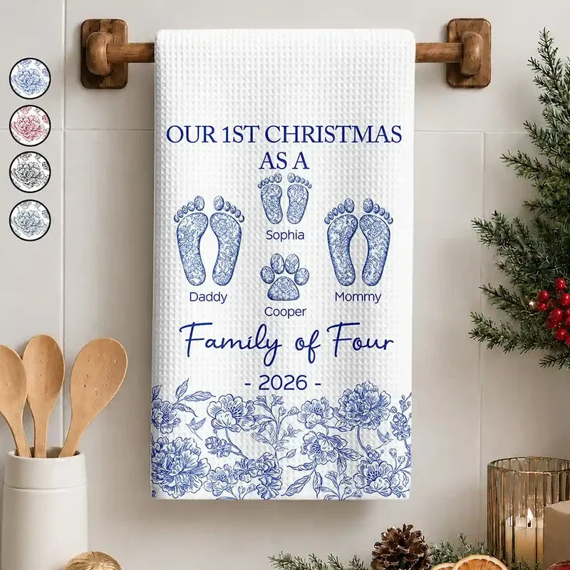 Personalized Kitchen Towel with Family and Paw Footprints, Blue Toile Christmas Decor, Unique Gift