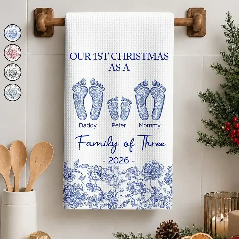Personalized Kitchen Towel with Family and Paw Footprints, Blue Toile Christmas Decor, Unique Gift