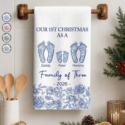 Personalized Kitchen Towel with Family and Paw Footprints, Blue Toile Christmas Decor, Unique Gift