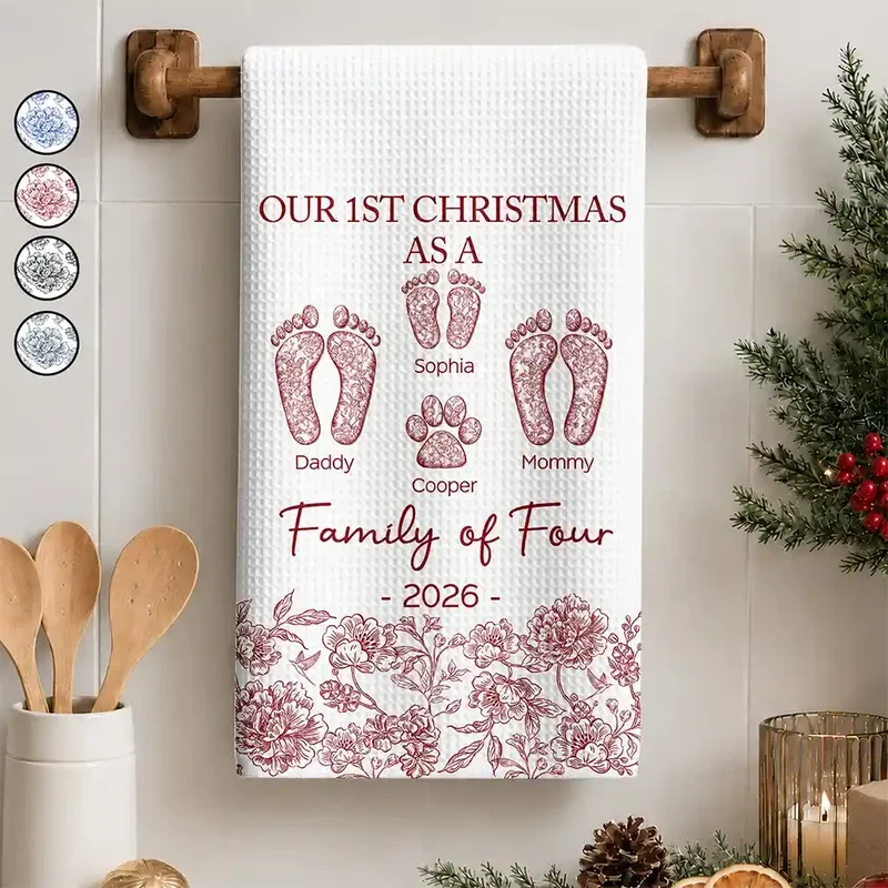 Personalized Kitchen Towel with Family and Paw Footprints, Blue Toile Christmas Decor, Unique Gift
