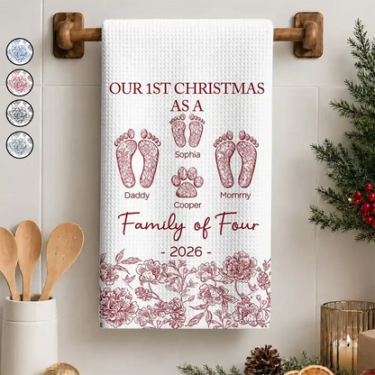Personalized Kitchen Towel with Family and Paw Footprints, Blue Toile Christmas Decor, Unique Gift