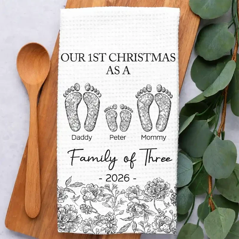 Personalized Kitchen Towel with Family and Paw Footprints, Blue Toile Christmas Decor, Unique Gift