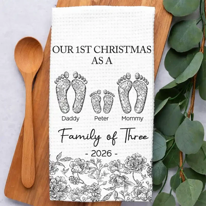 Personalized Kitchen Towel with Family and Paw Footprints, Blue Toile Christmas Decor, Unique Gift