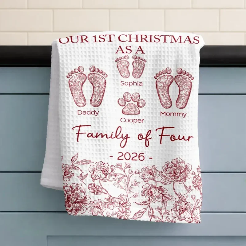 Personalized Kitchen Towel with Family and Paw Footprints, Blue Toile Christmas Decor, Unique Gift