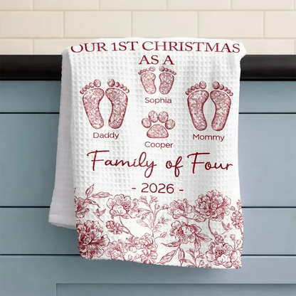 Personalized Kitchen Towel with Family and Paw Footprints, Blue Toile Christmas Decor, Unique Gift
