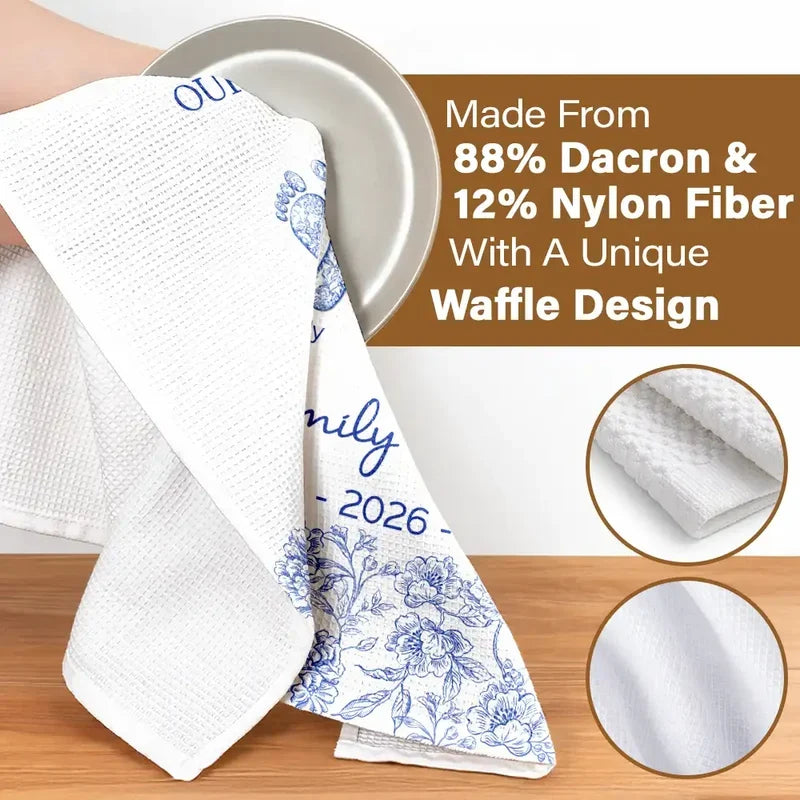 Personalized Kitchen Towel with Family and Paw Footprints, Blue Toile Christmas Decor, Unique Gift