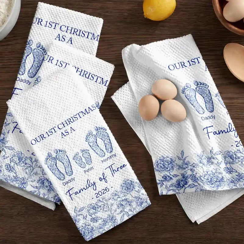 Personalized Kitchen Towel with Family and Paw Footprints, Blue Toile Christmas Decor, Unique Gift