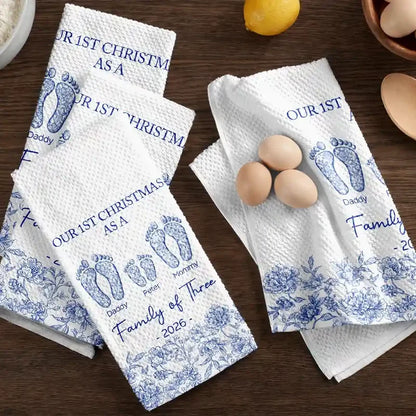 Personalized Kitchen Towel with Family and Paw Footprints, Blue Toile Christmas Decor, Unique Gift