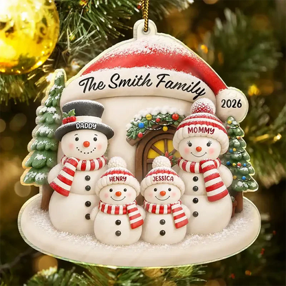 Personalized Acrylic Ornament, Cheerful Snowman Family by a Snowy Home, Heartwarming Creative Gift for Parents