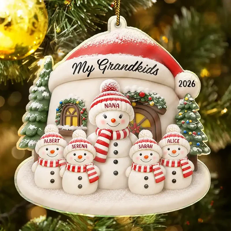 Personalized Acrylic Ornament, Cheerful Snowman Family by a Snowy Home, Heartwarming Creative Gift for Parents