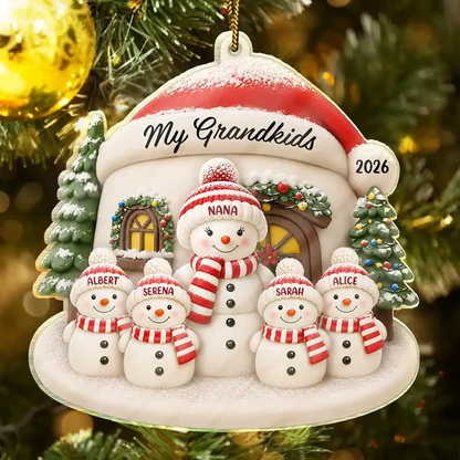 Personalized Acrylic Ornament, Cheerful Snowman Family by a Snowy Home, Heartwarming Creative Gift for Parents