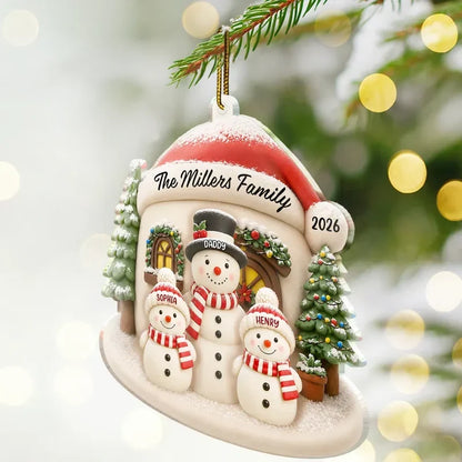 Personalized Acrylic Ornament, Cheerful Snowman Family by a Snowy Home, Heartwarming Creative Gift for Parents