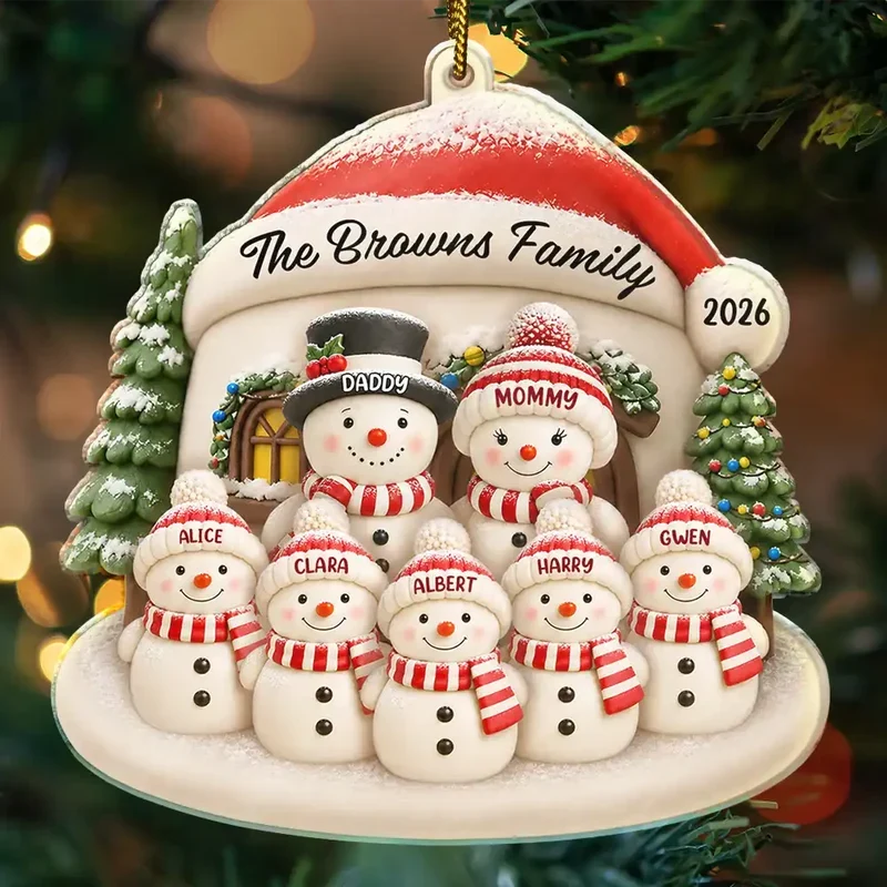 Personalized Acrylic Ornament, Cheerful Snowman Family by a Snowy Home, Heartwarming Creative Gift for Parents