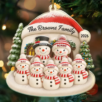 Personalized Acrylic Ornament, Cheerful Snowman Family by a Snowy Home, Heartwarming Creative Gift for Parents