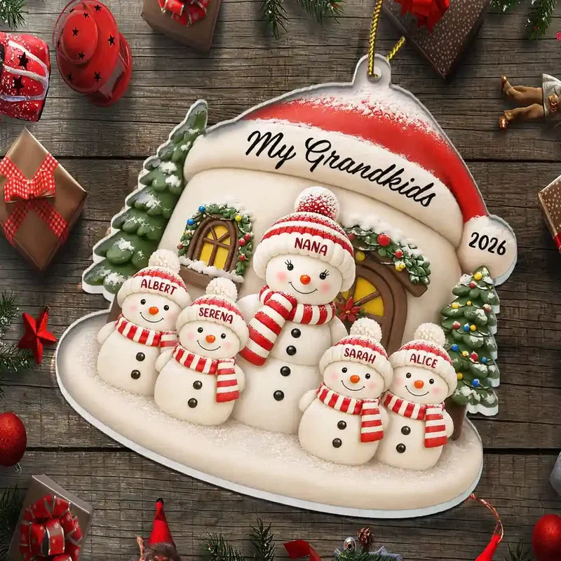 Personalized Acrylic Ornament, Cheerful Snowman Family by a Snowy Home, Heartwarming Creative Gift for Parents