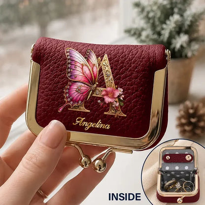 Personalized Kiss Lock Jewelry Case, Burgundy Floral Monogram & Butterfly Keepsake, Unique Gift for Her