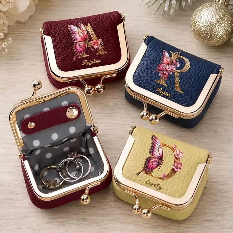 Personalized Kiss Lock Jewelry Case, Burgundy Floral Monogram & Butterfly Keepsake, Unique Gift for Her