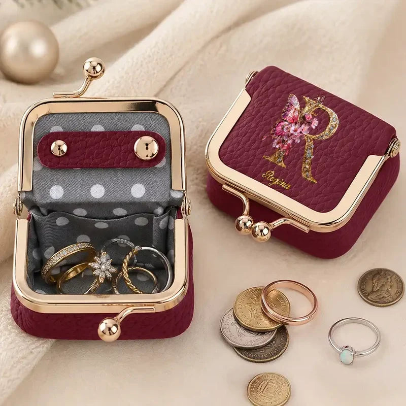 Personalized Kiss Lock Jewelry Case, Burgundy Floral Monogram & Butterfly Keepsake, Unique Gift for Her