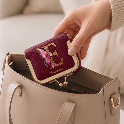 Personalized Kiss Lock Jewelry Case, Burgundy Floral Monogram & Butterfly Keepsake, Unique Gift for Her