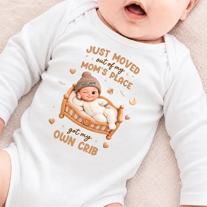 Personalized Short Sleeve Baby Onesie, Winking Baby in a Warm Crib Scene, Creative Baby Shower Gift for New Parents
