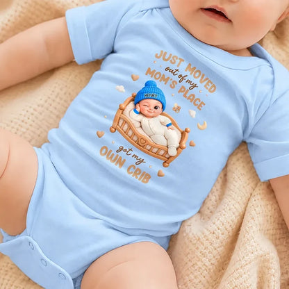 Personalized Short Sleeve Baby Onesie, Winking Baby in a Warm Crib Scene, Creative Baby Shower Gift for New Parents