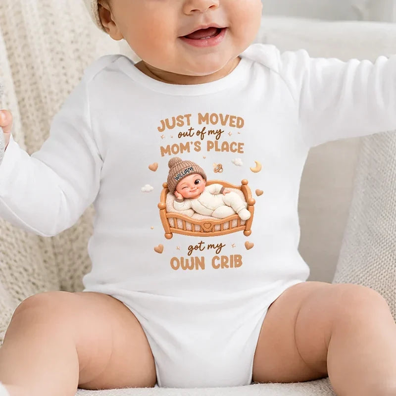 Personalized Short Sleeve Baby Onesie, Winking Baby in a Warm Crib Scene, Creative Baby Shower Gift for New Parents