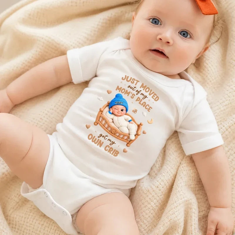 Personalized Short Sleeve Baby Onesie, Winking Baby in a Warm Crib Scene, Creative Baby Shower Gift for New Parents