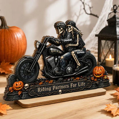 2-Layer Wooden Plaque, Personalized Skeleton Biker Couple Halloween Decor, Unique Gift for Couples