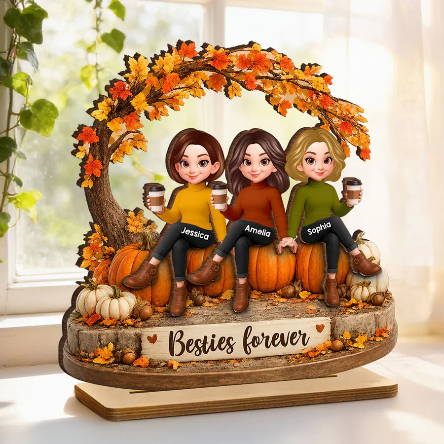 Personalized 2-Layer Wooden Plaque, Sitting Friends With Coffee, Autumn Pumpkin Scene, Unique Gift For Close Friends