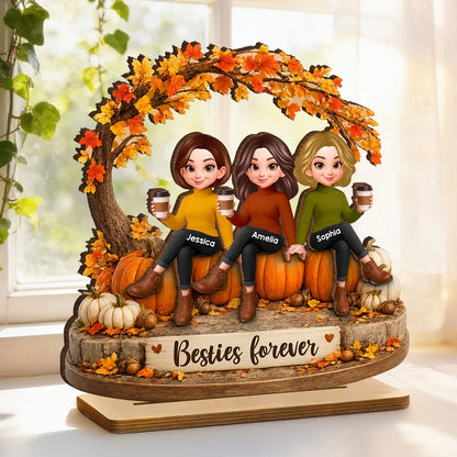 Personalized 2-Layer Wooden Plaque, Sitting Friends With Coffee, Autumn Pumpkin Scene, Unique Gift For Close Friends