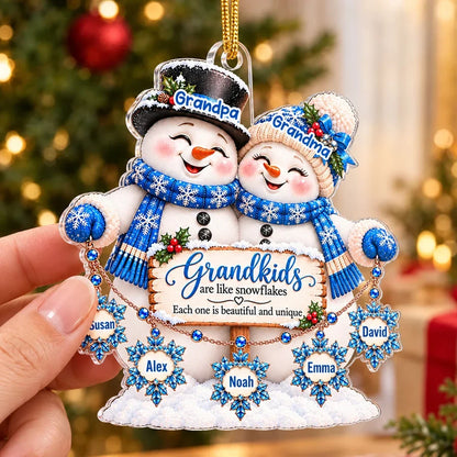 Personalized Acrylic Ornament, Grandma and Grandpa Snowmen with Grandkid Snowflakes, Unique Christmas Gift