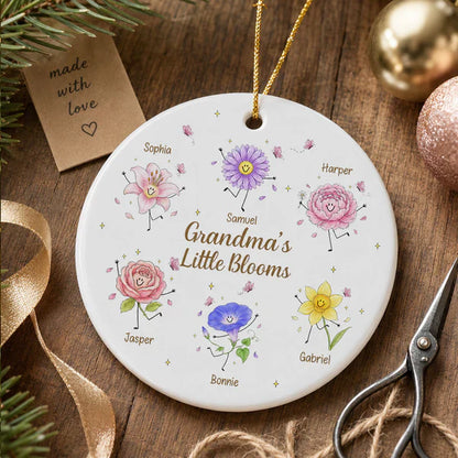 Personalized Ceramic Ornament With Grandma's Little Blooms, Smiling Birth Flower Art, Unique Gift For Grandma