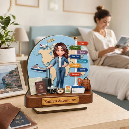 Personalized 2-Layer Wooden Plaque, Cartoon Traveler by a Blue World Map, Unique Gift for Travel Lovers