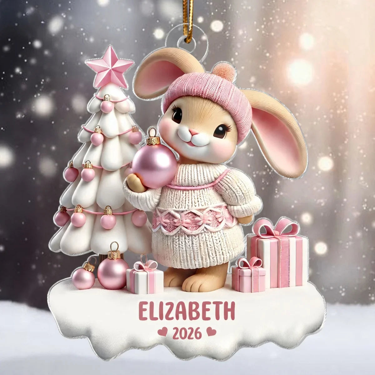 Personalized Acrylic Ornament, Pink Bunny Holding a Bauble by a Snowy Christmas Tree, Unique Gift for Kids