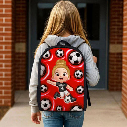 Personalized Kids School Backpack, Cute Soccer Player Kicking Ball, Unique Creative Gift For Kids